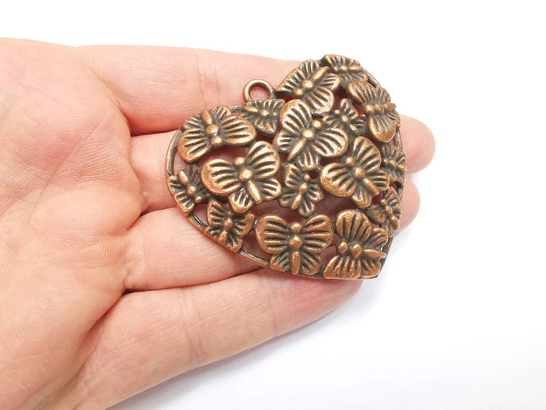 Butterfly Heart Pendant, Antique Copper Plated Pendant (65x59mm) G33033