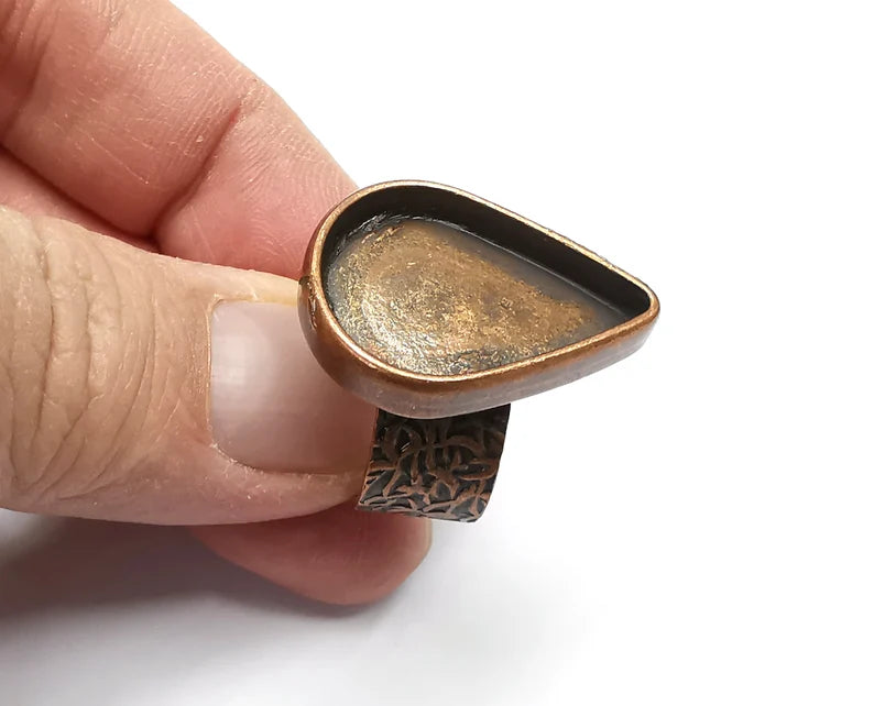 Teardrop Antique Copper Ring Blank Settings, Cabochon Mounting, Adjustable Resin Ring Base Bezel, Inlay Mosaic Ring Bezel (25x18mm) G33040