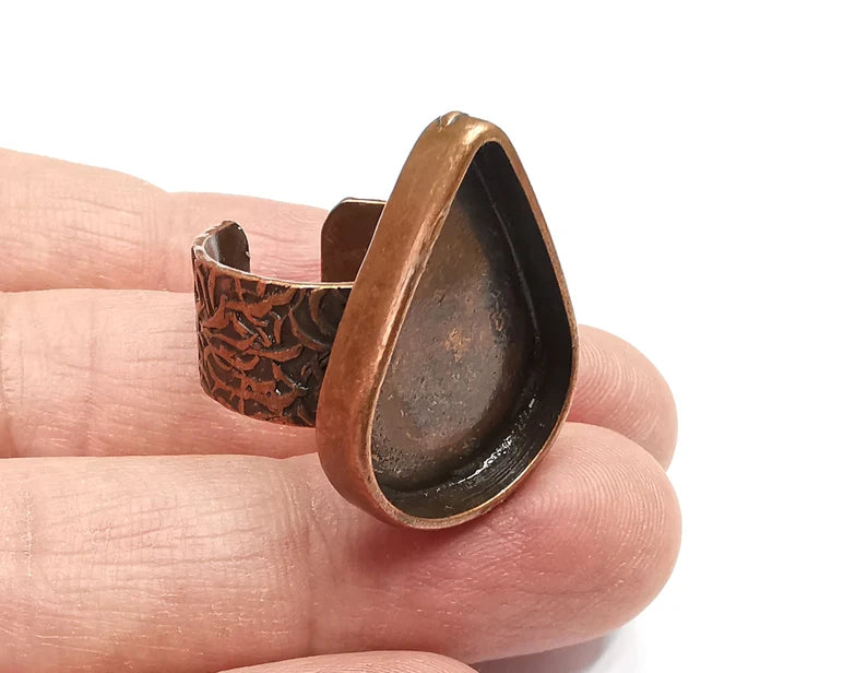 Teardrop Antique Copper Ring Blank Settings, Cabochon Mounting, Adjustable Resin Ring Base Bezel, Inlay Mosaic Ring Bezel (25x18mm) G33040