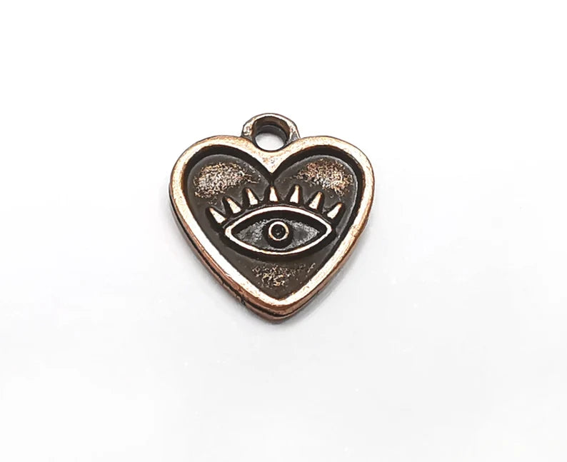5 Eye, Heart Charms, Dangle Charms Antique Copper Plated (15x14mm) G33043