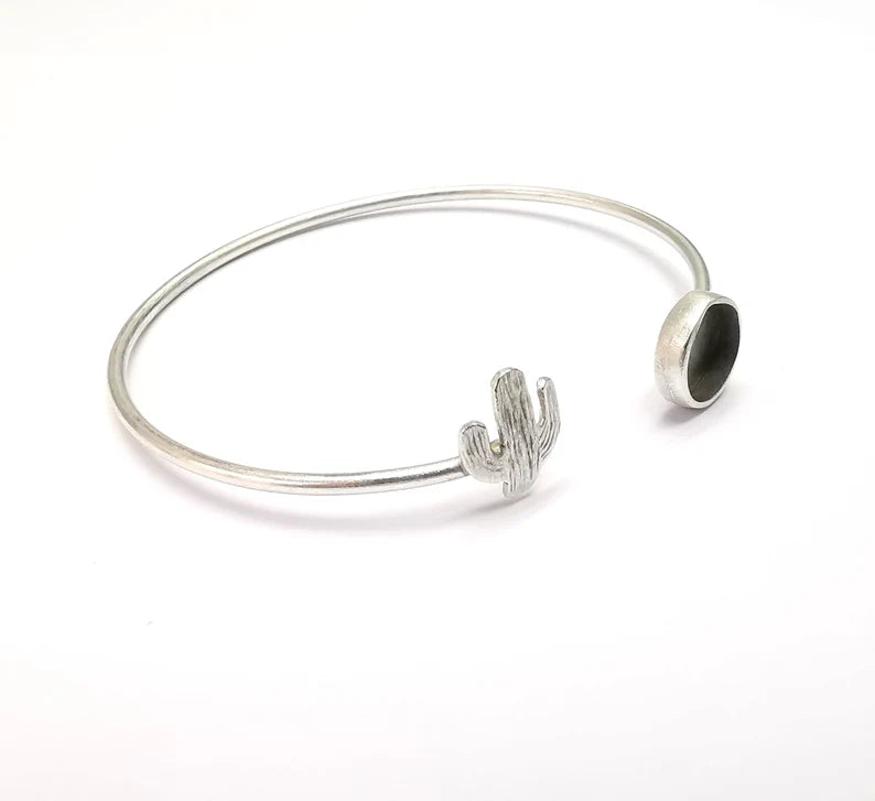 Cactus Bracelet Bezel Blank Resin Bezel Cabochon Cuff Base Settings Adjustable Bracelet Antique Silver Plated Brass (8mm Bezel) G33050