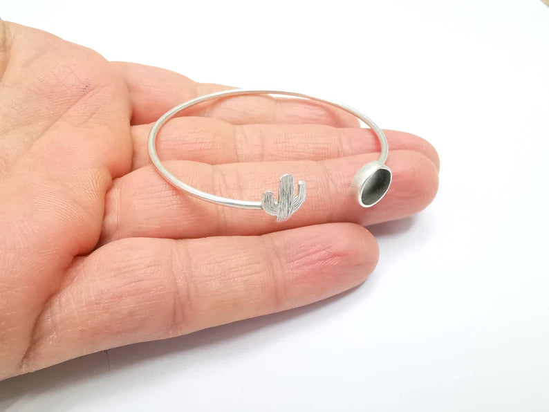 Cactus Bracelet Bezel Blank Resin Bezel Cabochon Cuff Base Settings Adjustable Bracelet Antique Silver Plated Brass (8mm Bezel) G33050