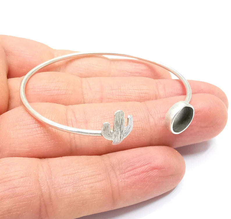 Cactus Bracelet Bezel Blank Resin Bezel Cabochon Cuff Base Settings Adjustable Bracelet Antique Silver Plated Brass (8mm Bezel) G33050