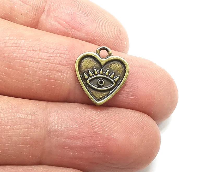 5 Eye, Heart Charms, Dangle Charms Antique Bronze Plated (15x14mm) G33061