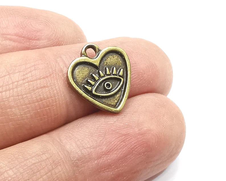 5 Eye, Heart Charms, Dangle Charms Antique Bronze Plated (15x14mm) G33061