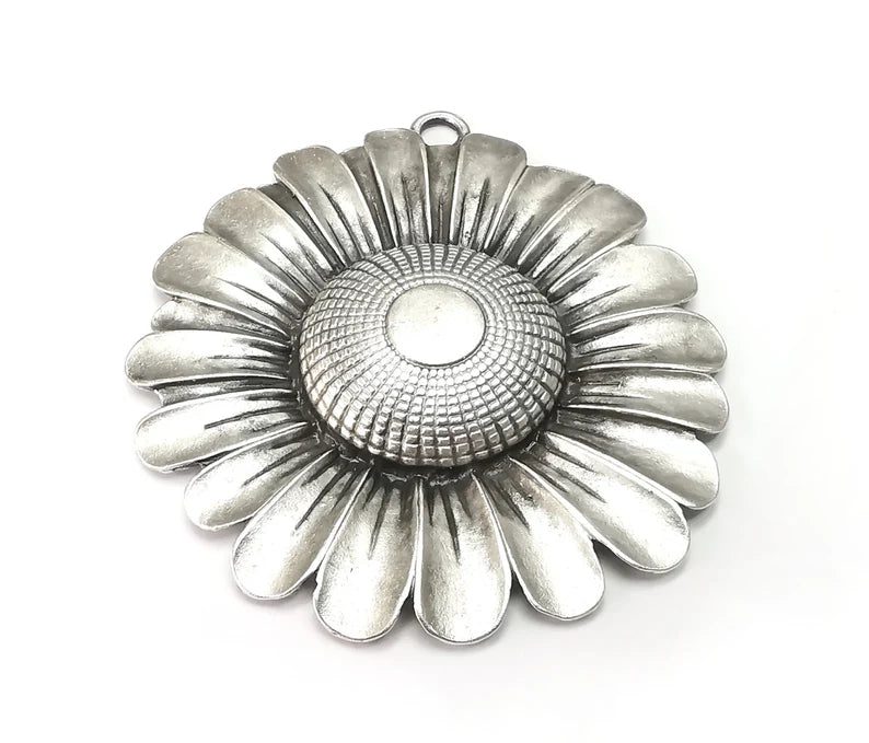 Sunflower Flower Pendant, Antique Silver Plated Pendant (69x65mm) G33071