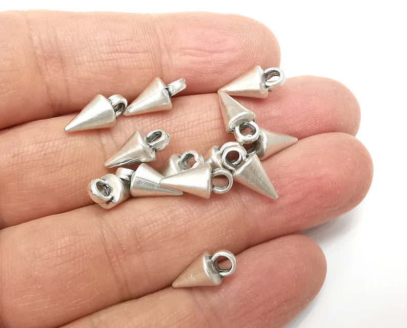 5 Cone, Spike Charms, Dangle Charms Antique Silver Plated (13x6mm) G33073