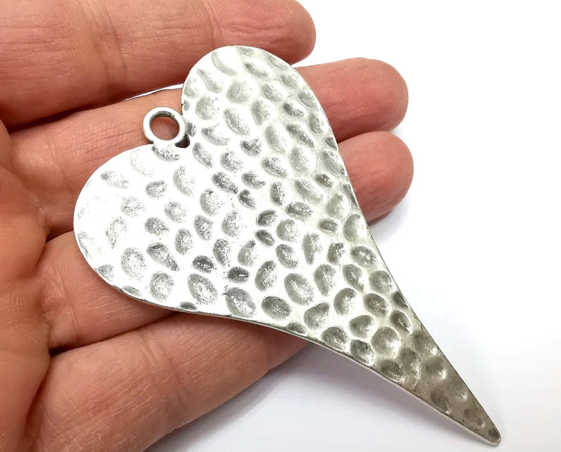 Heart Hammered Pendant, Antique Silver Plated Pendant (86x57mm) G33076