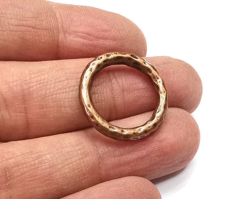 2 Hammered Round Connector Charms Antique Copper Plated Findings (22mm) G33077