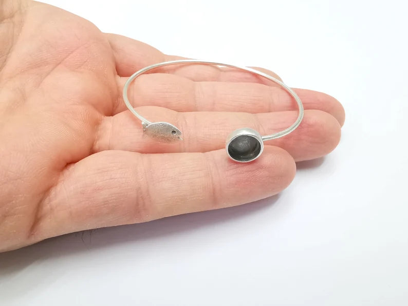 Fish Bracelet Bezel Blank Resin Bezel Cabochon Cuff Base Settings Adjustable Bracelet Antique Silver Plated Brass (8mm Bezel) G29900
