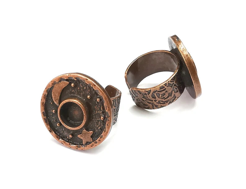 Moon and Star Ring Blank Setting, Cabochon Mounting, Adjustable Resin Ring Base, Antique Copper Inlay Mosaic Ring Bezel (8mm) G33086