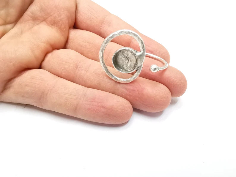 Ring Blank Setting, Cabochon Mounting, Adjustable Resin Ring Base Bezels, Antique Silver Plated (12mm) G29904