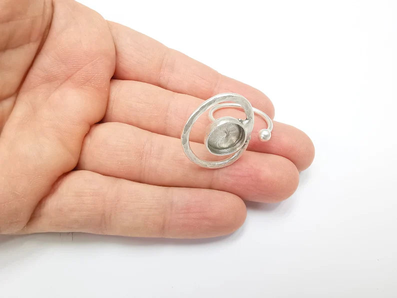 Ring Blank Setting, Cabochon Mounting, Adjustable Resin Ring Base Bezels, Antique Silver Plated (12mm) G29904