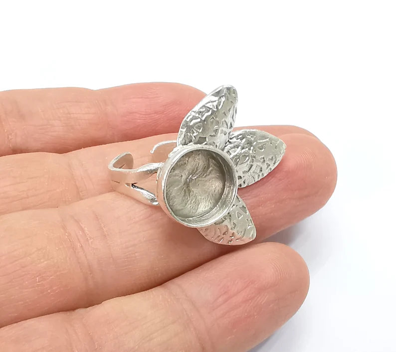 Leafy Ring Blank Setting, Cabochon Mounting, Adjustable Resin Ring Base Bezels, Antique Silver Plated (12mm) G29905
