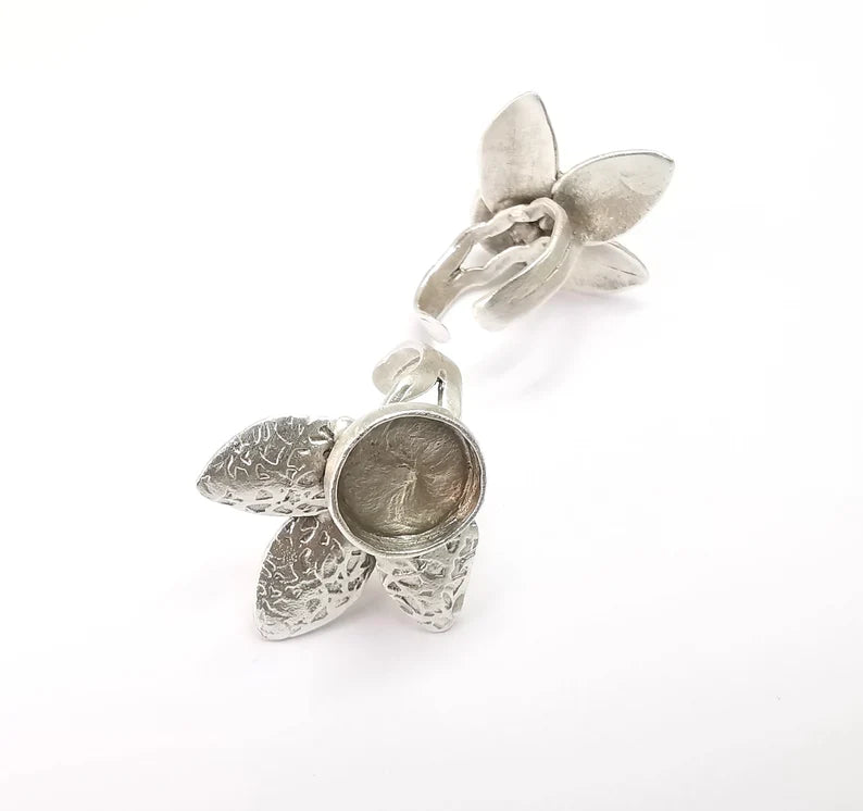 Leafy Ring Blank Setting, Cabochon Mounting, Adjustable Resin Ring Base Bezels, Antique Silver Plated (12mm) G29905