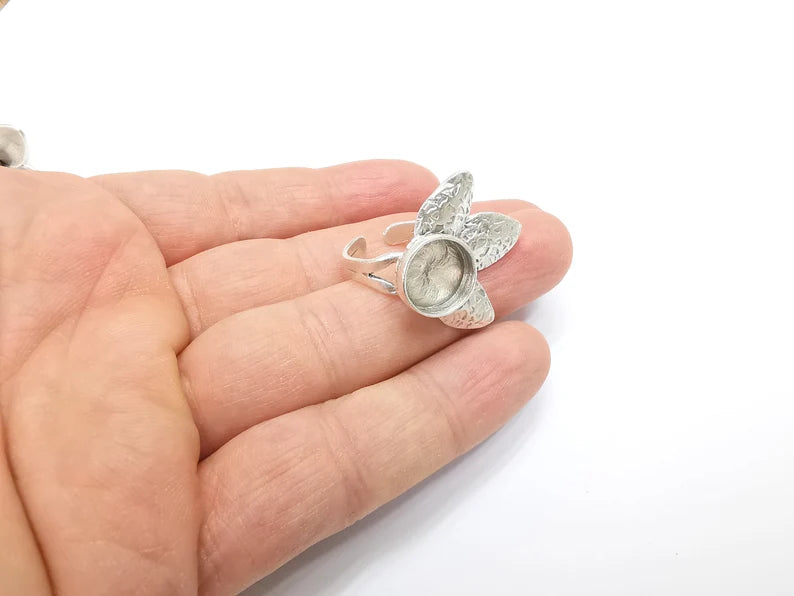 Leafy Ring Blank Setting, Cabochon Mounting, Adjustable Resin Ring Base Bezels, Antique Silver Plated (12mm) G29905