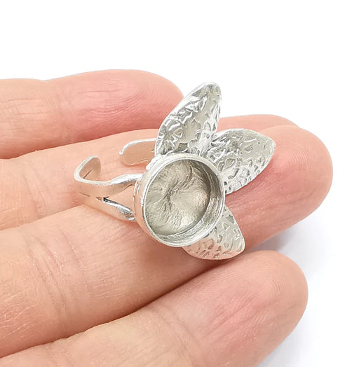 Leafy Ring Blank Setting, Cabochon Mounting, Adjustable Resin Ring Base Bezels, Antique Silver Plated (12mm) G29905