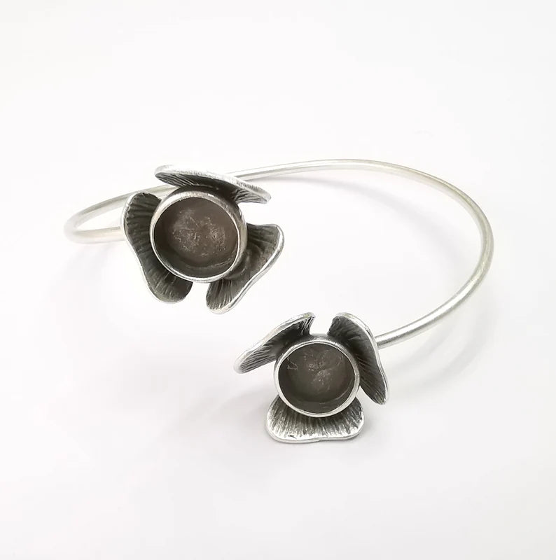 Flower Bracelet Bezel Blank Resin Bezel Cabochon Cuff Base Adjustable Antique Silver Plated Brass (12mm Bezel) G29906