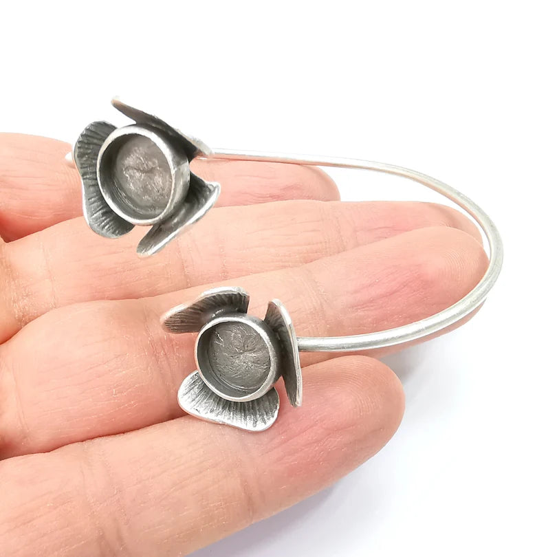 Flower Bracelet Bezel Blank Resin Bezel Cabochon Cuff Base Adjustable Antique Silver Plated Brass (12mm Bezel) G29906
