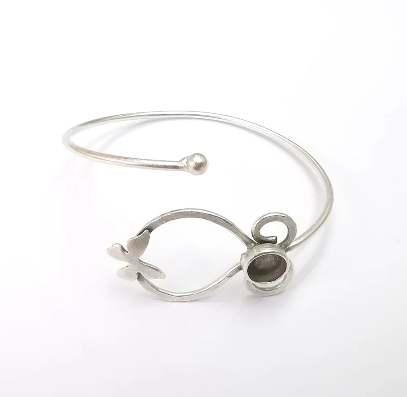 Butterfly Bracelet Bezel Blank Resin Bezel Cabochon Cuff Base Adjustable Antique Silver Plated Brass (6mm Bezel) G29910