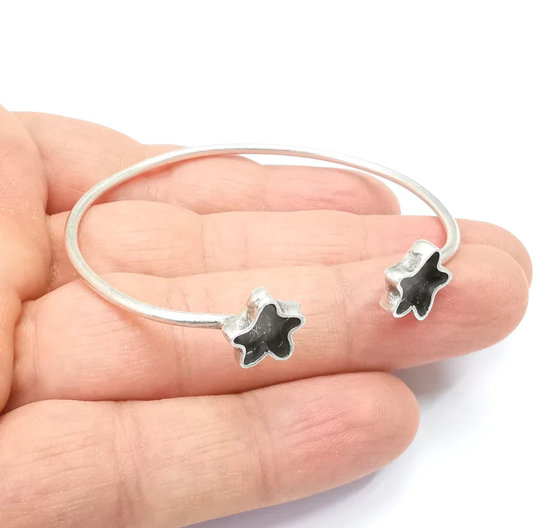 Star Bracelet Bezel Blank Resin Bezel Cabochon Cuff Base Settings Adjustable Bracelet Antique Silver Plated Brass (9x8mm Bezel) G33002