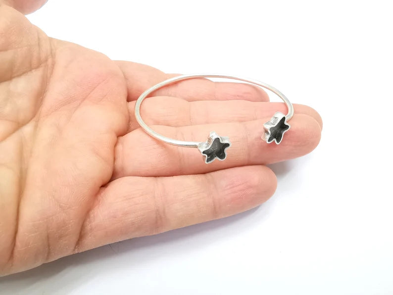 Star Bracelet Bezel Blank Resin Bezel Cabochon Cuff Base Settings Adjustable Bracelet Antique Silver Plated Brass (9x8mm Bezel) G33002