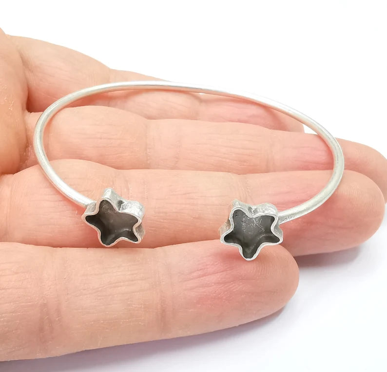 Star Bracelet Bezel Blank Resin Bezel Cabochon Cuff Base Settings Adjustable Bracelet Antique Silver Plated Brass (9x8mm Bezel) G33002