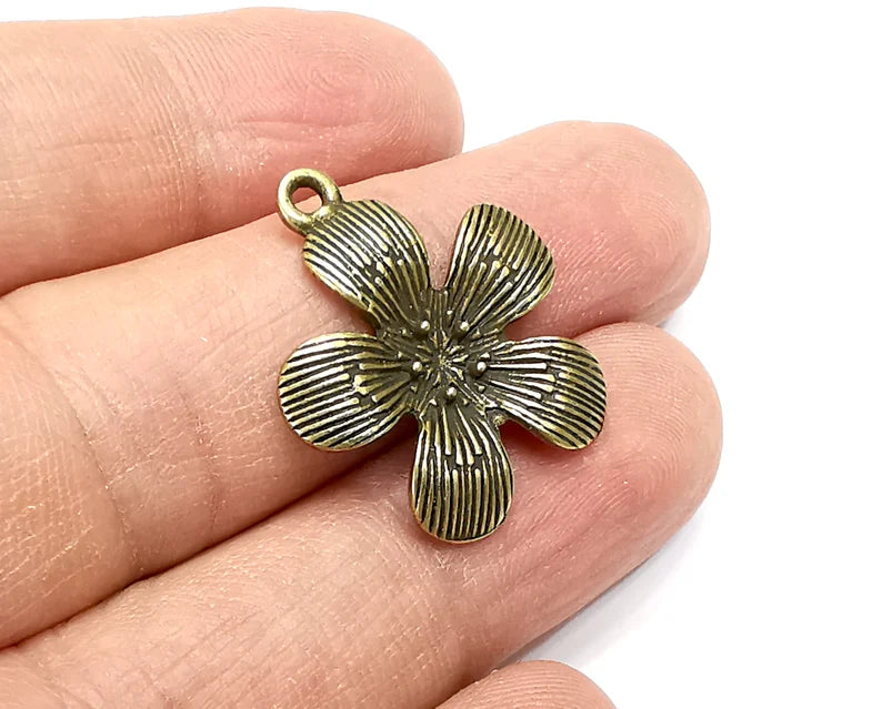 2 Flower Charms, Dangle Charms Antique Bronze Plated (27x23mm) G33014