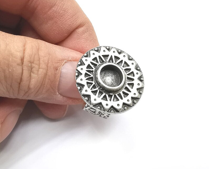 Ethnic Ring Blank Setting, Cabochon Mounting, Adjustable Resin Ring Base Bezels, Antique Silver Inlay Ring Mosaic Ring Bezel (8mm) G33108