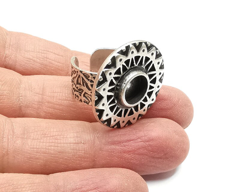 Ethnic Ring Blank Setting, Cabochon Mounting, Adjustable Resin Ring Base Bezels, Antique Silver Inlay Ring Mosaic Ring Bezel (8mm) G33108