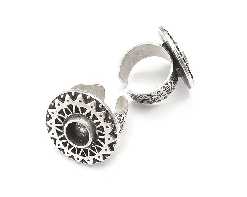Ethnic Ring Blank Setting, Cabochon Mounting, Adjustable Resin Ring Base Bezels, Antique Silver Inlay Ring Mosaic Ring Bezel (8mm) G33108