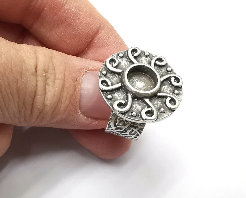 Swirl Ring Blank Setting, Cabochon Mounting, Adjustable Resin Ring Base Bezels, Antique Silver Inlay Ring Mosaic Ring Bezel (8mm) G33109