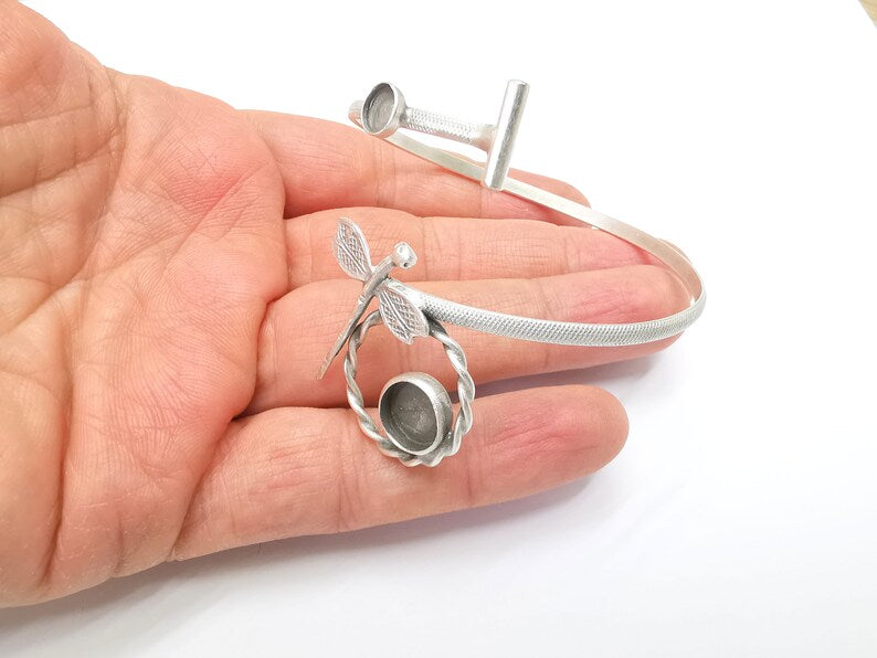 Dragonfly Bracelet Bezel Blank Resin Bezel Cabochon Cuff Base Settings Adjustable Bracelet Antique Silver Plated Brass (10mm and 6mm) G33111