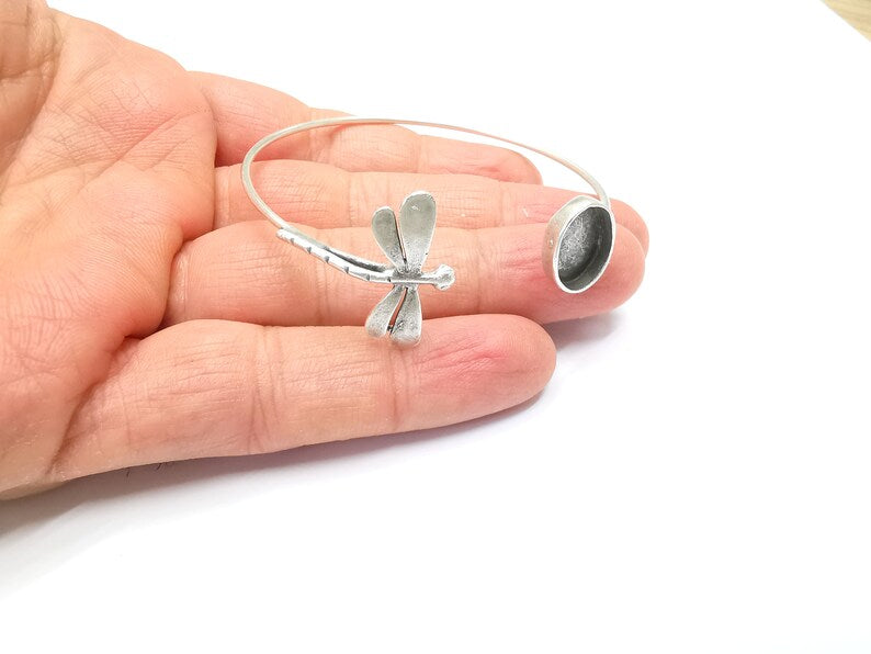 Dragonfly Bracelet Bezel Blank Resin Bezel Cabochon Cuff Base Setting Adjustable Bracelet Antique Silver Plated Brass (14x10mm bezel) G33113