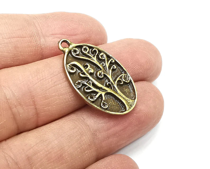 2 Oval Tree Charms, Dangle Charms Antique Bronze Plated (31x18mm) G33020