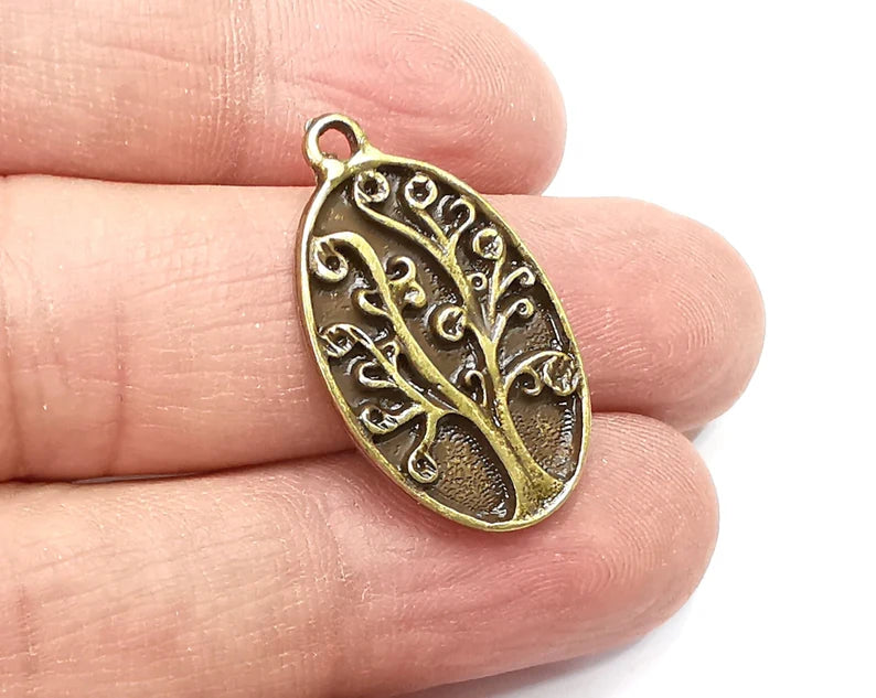 2 Oval Tree Charms, Dangle Charms Antique Bronze Plated (31x18mm) G33020
