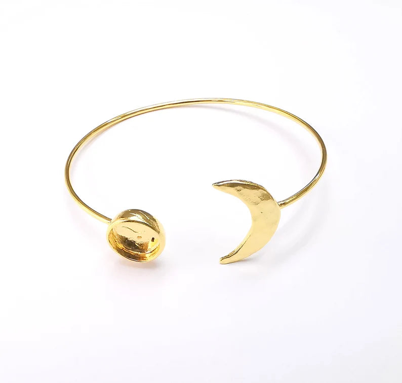 Crescent Moon Bracelet Bezel Blank Resin Bezel Cabochon Cuff Base Settings Adjustable Bracelet Shiny Gold Plated Brass (10mm Bezel) G33121