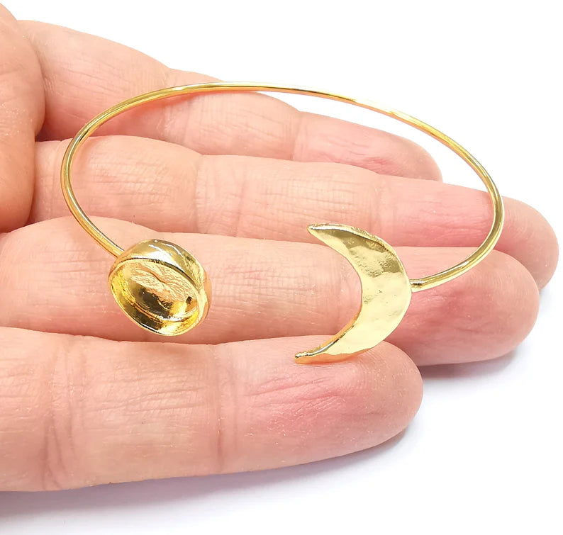 Crescent Moon Bracelet Bezel Blank Resin Bezel Cabochon Cuff Base Settings Adjustable Bracelet Shiny Gold Plated Brass (10mm Bezel) G33121