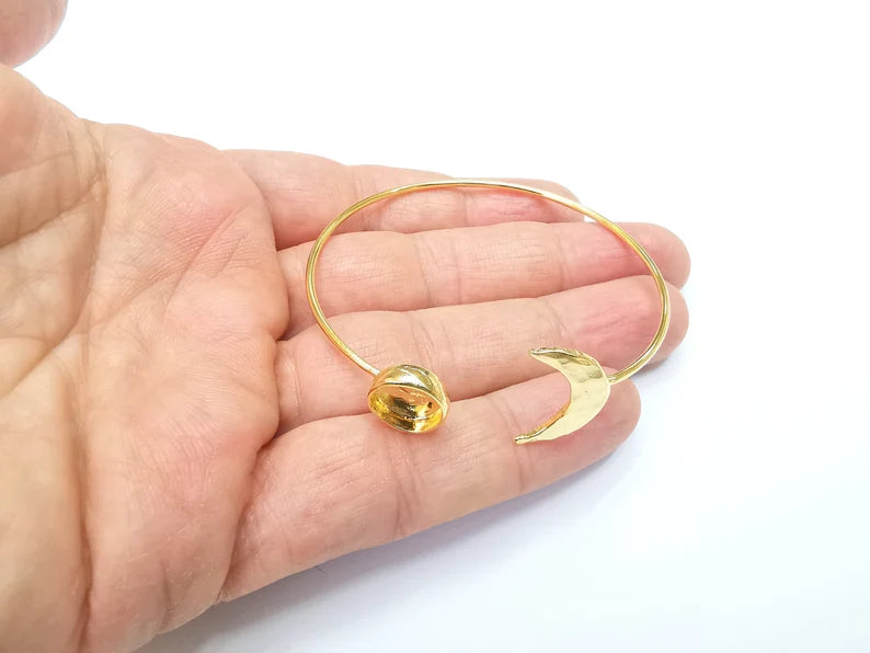 Crescent Moon Bracelet Bezel Blank Resin Bezel Cabochon Cuff Base Settings Adjustable Bracelet Shiny Gold Plated Brass (10mm Bezel) G33121