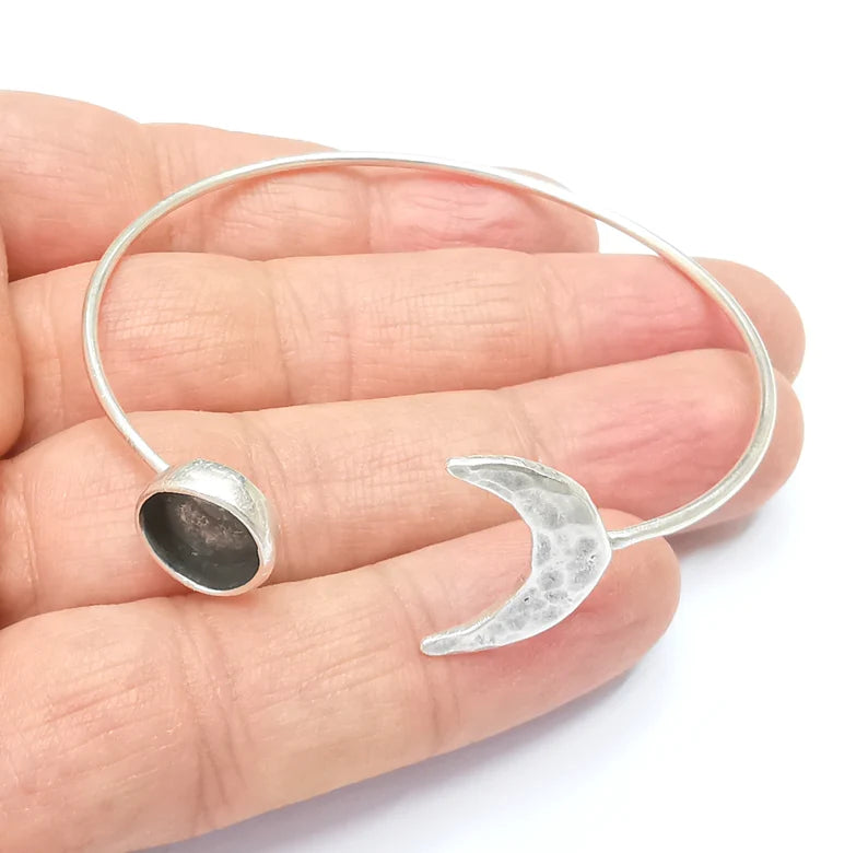 Crescent Moon Bracelet Bezel Blank Resin Bezel Cabochon Cuff Base Setting Adjustable Bracelet Silver Plated Brass (10mm Bezel) G33126