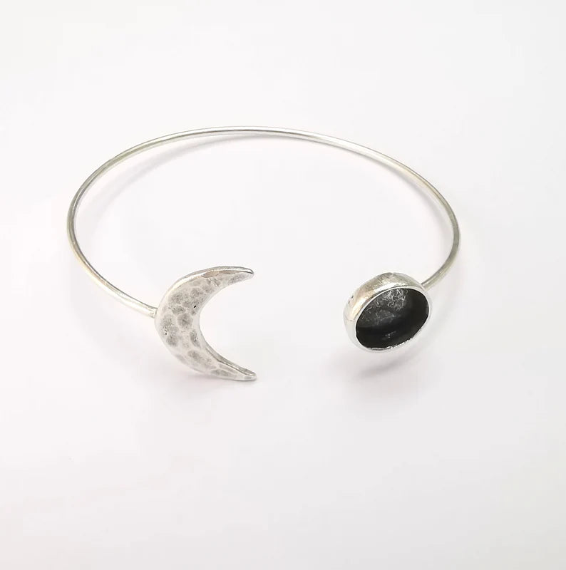 Crescent Moon Bracelet Bezel Blank Resin Bezel Cabochon Cuff Base Setting Adjustable Bracelet Silver Plated Brass (10mm Bezel) G33126