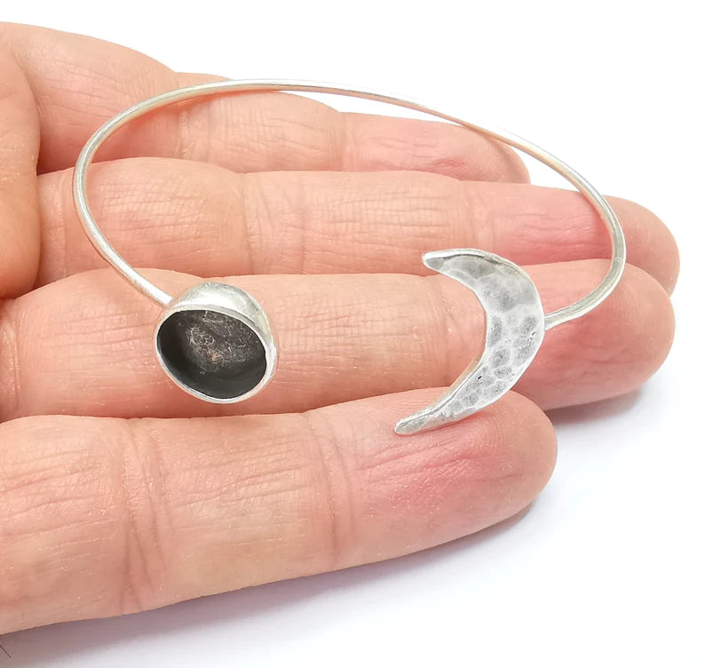 Crescent Moon Bracelet Bezel Blank Resin Bezel Cabochon Cuff Base Setting Adjustable Bracelet Silver Plated Brass (10mm Bezel) G33126