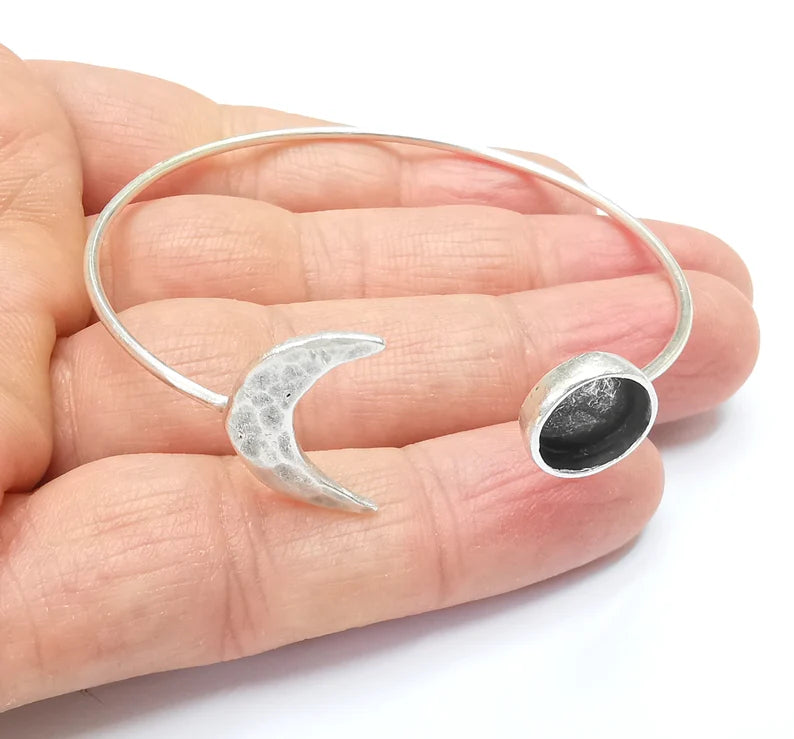 Crescent Moon Bracelet Bezel Blank Resin Bezel Cabochon Cuff Base Setting Adjustable Bracelet Silver Plated Brass (10mm Bezel) G33126