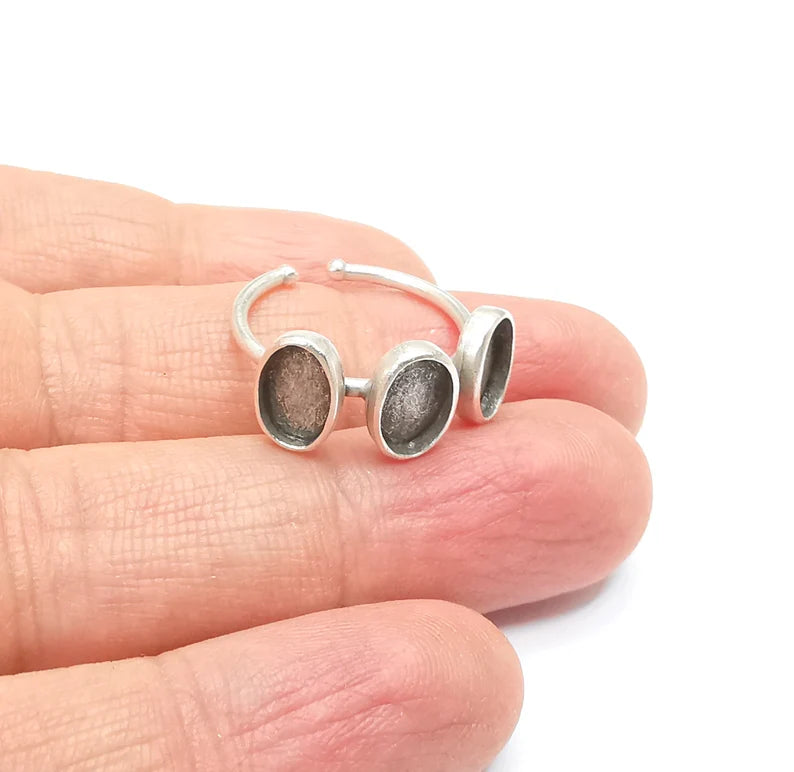 Oval Ring Blank Setting, Cabochon Mounting, Adjustable Resin Ring Base Bezels, Antique Silver Plated Brass Ring (8x6mm bezel) G33127