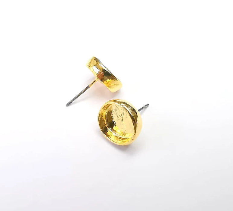 Gold Round Blank Earring Bezel Set Base Shiny Gold Plated Brass Earring Stud Base (10mm blank) G33128