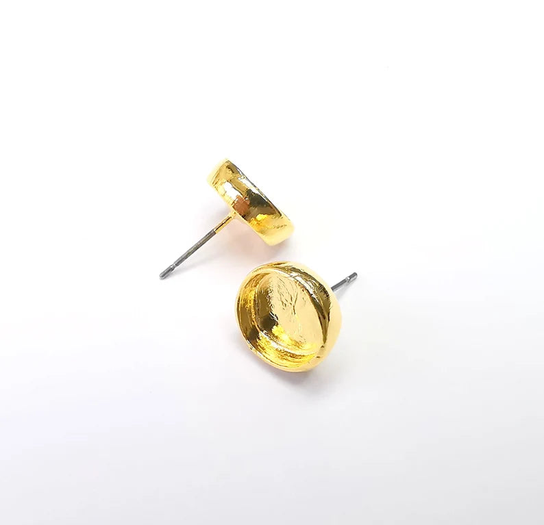 Gold Round Blank Earring Bezel Set Base Shiny Gold Plated Brass Earring Stud Base (10mm blank) G33128