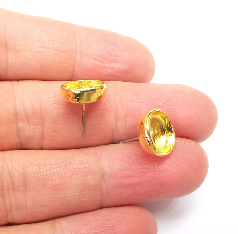 Gold Round Blank Earring Bezel Set Base Shiny Gold Plated Brass Earring Stud Base (10mm blank) G33128