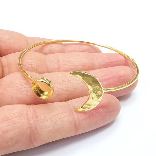 Crescent Moon Bracelet Bezel Blank Resin Bezel Cabochon Cuff Base Settings Adjustable Bracelet Shiny Gold Plated Brass (8mm Bezel) G33129