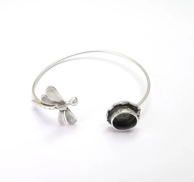 Dragonfly Bracelet Bezel Blank Resin Bezel Cabochon Cuff Base Setting Adjustable Bracelet Silver Plated Brass (10mm Bezel) G33133