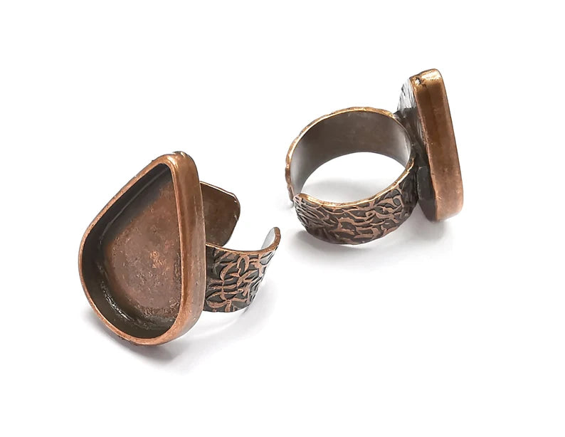 Teardrop Antique Copper Ring Blank Settings, Cabochon Mounting, Adjustable Resin Ring Base Bezel, Inlay Mosaic Ring Bezel (25x18mm) G33040